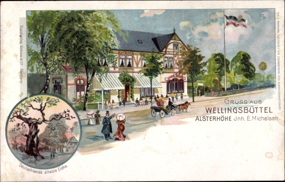 litho Hamburg Wandsbek Wellingsbüttel, Gasthof Alsterhöhe, oudste eik