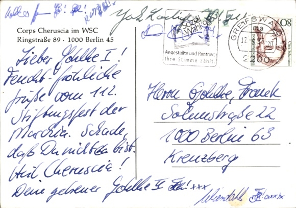 Studentika Postcard Berlin, Corps Cheruscia in the WSC, Corps House Ringstraße 89, coat of arms