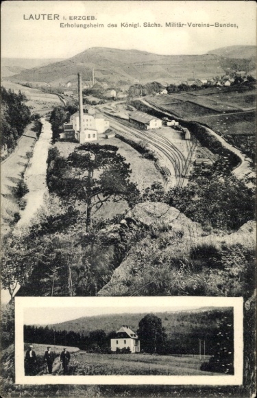 Postcard Lauter Bernsbach in the Ore Mountains, recreation home of the Royal Saxon Military Association, railway line