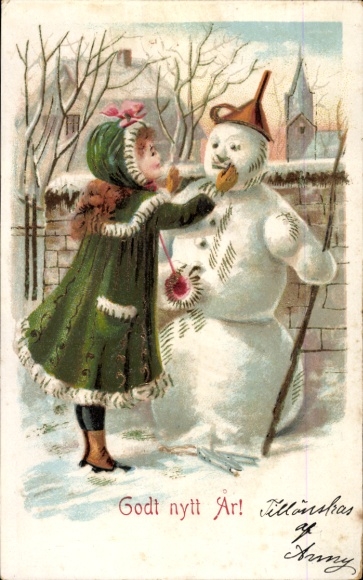Ak Glückwunsch Neujahr, Mädchen, Schneemann
