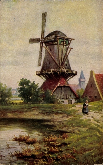 Artist Postcard Hoy, W., Windmill I., Church Tower, River Bank