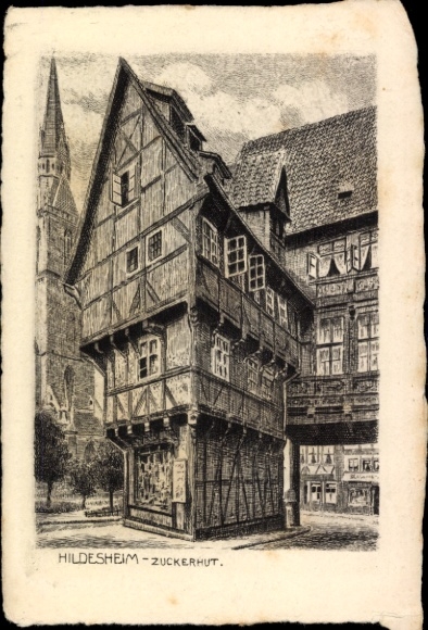 Postcard Hildesheim in Lower Saxony, row of houses, half-timbered house, sugarloaf, Hildesheim
