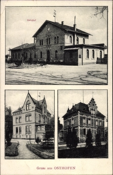 Ak Osthofen am Rhein, Bahnhof Front, Gebäudepartie