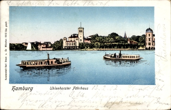 Postcard Hamburg Nord Uhlenhorst, Uhlenhorster Fährhaus, partial view, excursion boats