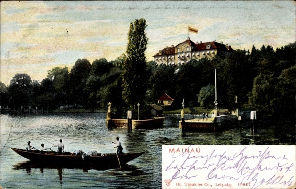 Ak Insel Mainau im Bodensee, Ruderpartie, Anlegestelle, Schloss