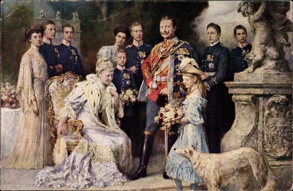 Künstler Ak Keller, F., Kaiserhaus, Wilhelm II, Kaiserin Auguste Viktoria, Kronprinz, Windhund