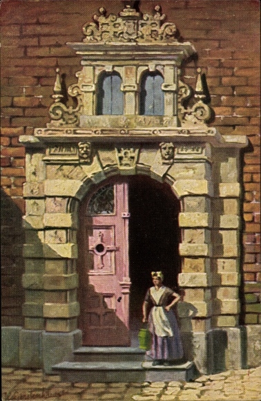 Artist PC Gerstenhauer, Johann Georg, woman in Dutch folk costume in front of a house