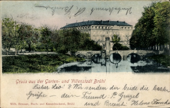 KP Brühl w Westfalii, zabytkowy budynek, most, cieki wodne, rośliny, pocztówka