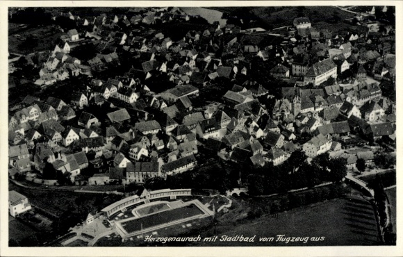 Postcard Herzogenaurach in Franconia Bavaria, Liebfrauenhaus, aerial view, public bath, many houses, green
