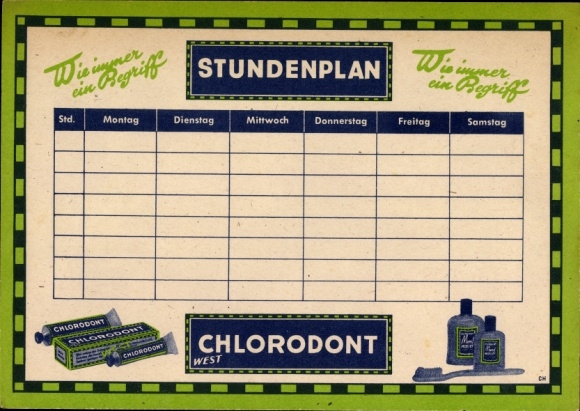 Timetable advertisement for Chlorodont toothpaste, tube of mouthwash, around 1950