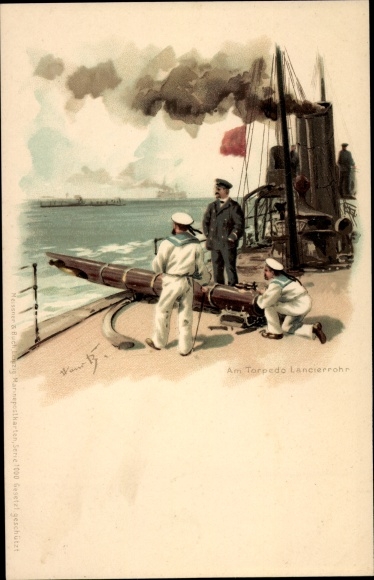 Kunstenaar litho Bohrdt, Hans, Bij de torpedo-lanceerbuis, Duitse matrozen, oorlogsschip