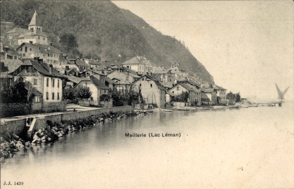 Ak Meillerie Haute Savoie, Panoramablick auf Meillerie, Häuser am Ufer, ruhiger See