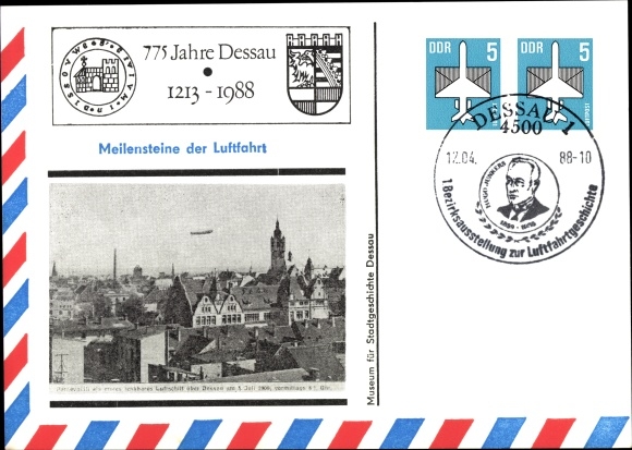 Postwaardekaart Zeppelin, luchtvaartmijlpalen, 775 jaar Dessau