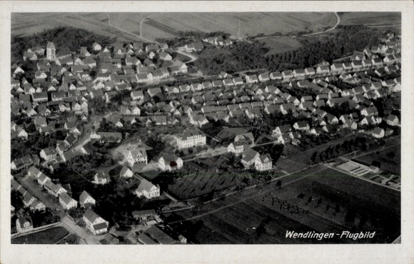 Postcard Wendlingen am Neckar Baden Württemberg, aerial photo of residential areas, fields, black and white image