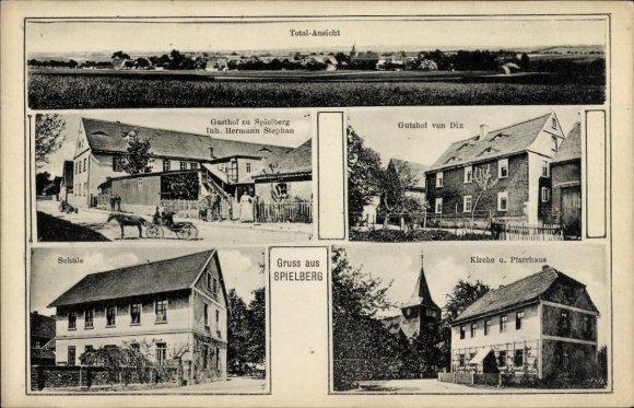 Ak Spielberg Querfurt im Saalekreis, Totale, Gasthof, Kirche, Pfarrhaus, Schule