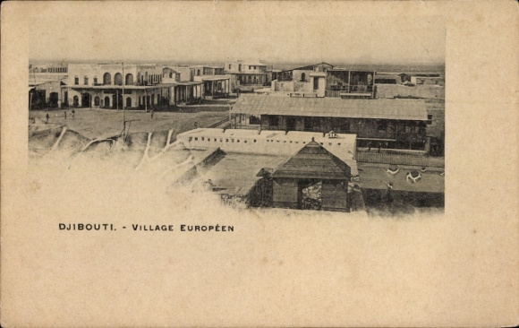 Ak Djibouti Dschibuti, Schwarz-Weiß-Bild von  europäisches Dorf, Gebäude, Straßenansicht