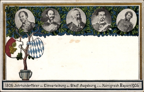 Postwaardestuk wapenschild ansichtkaart honderdste verjaardag van de inlijving van Augsburg bij het koninkrijk Beieren, PP 15 C 128