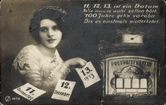 Postcard Date 11.12.13, Woman at the mailbox