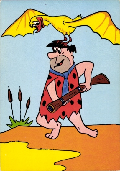 Postcard family flintstone, Fred, rifle, pterosaur
