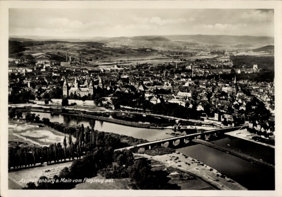 Postcard Aschaffenburg in Lower Franconia, aerial photograph of the city, bridge
