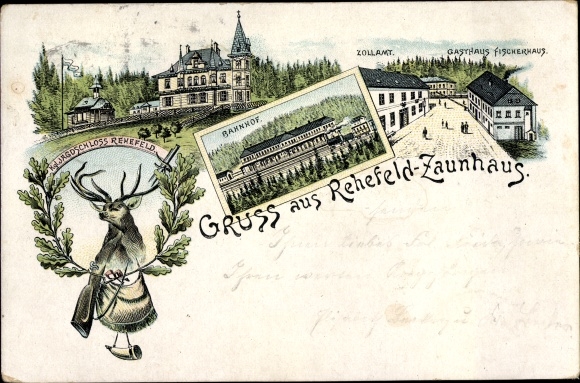 Chromo-Litho Rehefeld fence house Altenberg in the Ore Mountains, hunting lodge, train station, customs office, inn Fischerhaus