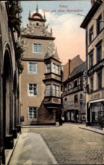 Ak Mainz am Rhein,  Erker am alten Gymnasium,  Architektur, farbige 