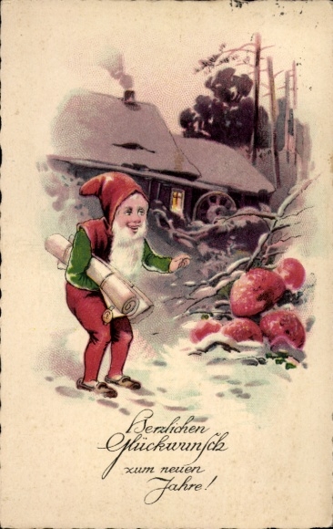 Postcard Happy New Year, dwarf, house