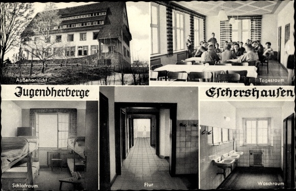 Postcard Eschershausen Lower Saxony, youth hostel, bedroom, hallway, washroom