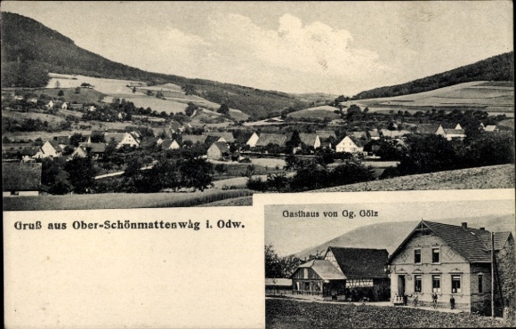Postcard Ober Schönmattenwag Wald Michelbach in the Odenwald Hesse, general view, inn Gg. Götz