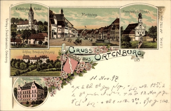 Coat of arms Chromo-Litho Ortenburg Lower Bavaria, Protestant Church, Castle, Kornfirmadenhaus