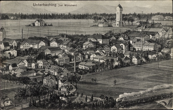 Kunstenaarskaart Unterhaching in Opper-Beieren, totaaloverzicht van het dorp, kerk, stoomlocomotief, velden