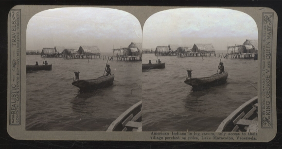 Stereo Photo Venezuela Indians in wooden canoes, houses on stilts, Lake Maracaibo