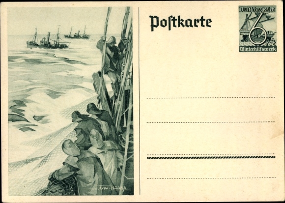 Postwaardestuk ansichtkaart Axster Heudtlass, vissers op volle zee, vissersboten