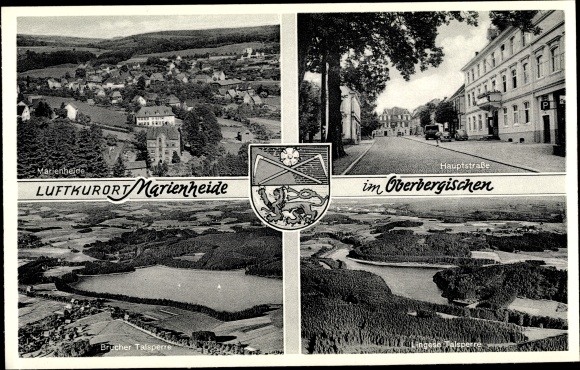 Postcard Marienheide Oberbergischer Kreis, main street, Brucher dam, view of the town, coat of arms