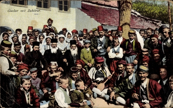 Postcard Sarajevo Bosnia Herzegovina, Guslar, listeners, people in traditional costumes
