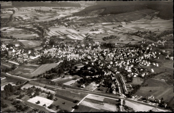 Postcard Heidelsheim Bruchsal in Kraichgau, aerial view of a village, agricultural areas, vie