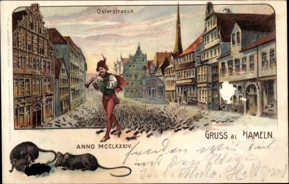Litho Hameln an der Weser Niedersachsen, Osterstraße, Ratten, Rattenfänger