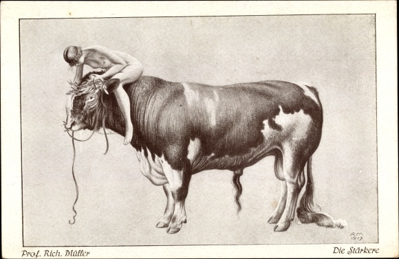 Artist PC Müller, R., The stronger, woman riding on bull