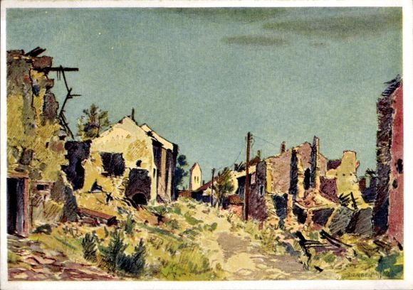 Künstler Ak Graf, Karl, Biringen Rehlingen Siersburg, Zerstörte Ortschaft, KDF