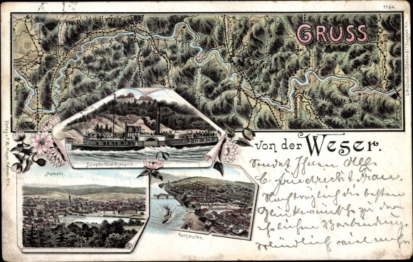 Maps Chromo-Litho Hamelin in Lower Saxony, steamer prince Bismarck, Karlshafen