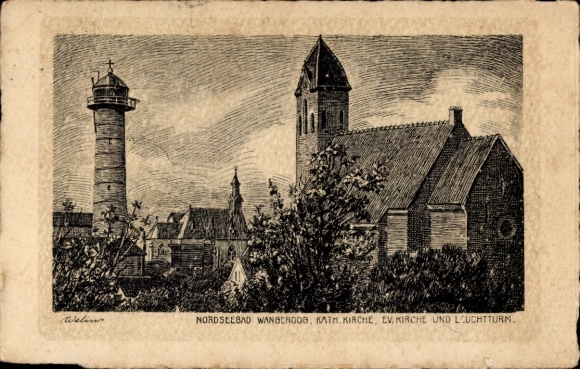Kunstenaar Ak Noordzeeresort Wangerooge in Oost-Friesland, vuurtoren, kerken