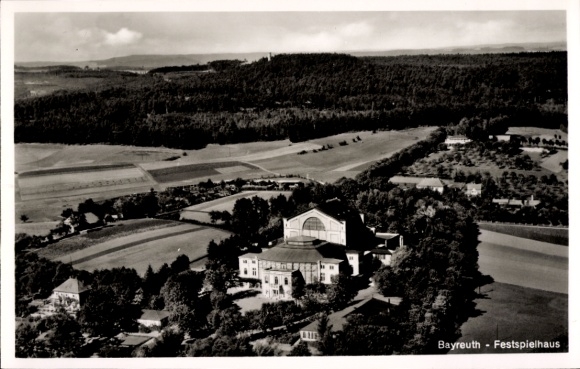 Postcard Bayreuth in Upper Franconia, aerial view of the Festspielhaus, surrounding landscape, forests, fields