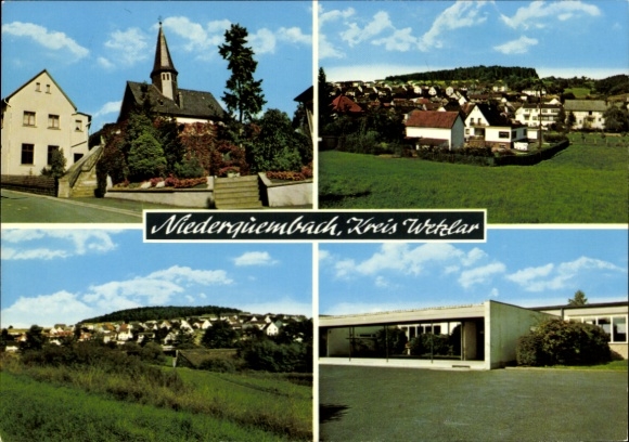 Postcard Niederquembach Schöffengrund in Hesse, partial views, church