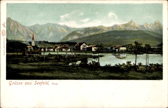 Ak Seefeld in Tirol, Landschaft mit Bergen, See, Häusern, Kirche,  Tirol
