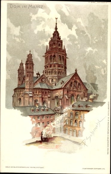 Artist Chromo-Litho Schmohl, P., Mainz, view of the cathedral, bell tower, facade