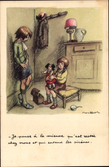 Artist PC Poulbot, Francisque, children, girls with doll, Ligue national contre le taudis