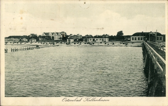 Postcard Ostseebad Kellenhusen in Holstein, Baltic Sea resort harbor view, pier, water, houses