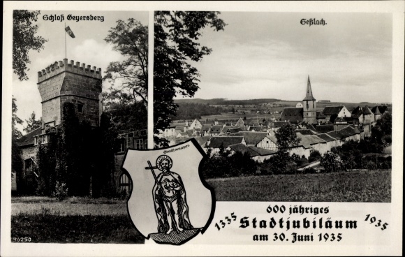 Postcard Seßlach in Upper Franconia, Geyersberg Castle, overall view, 600th anniversary of the city in 1935