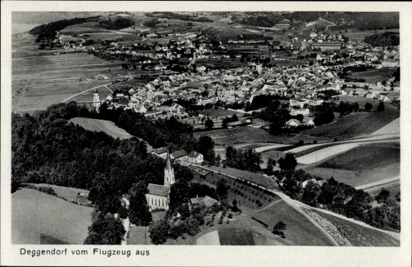 Postcard Deggendorf, aerial photograph, fields, houses, forests