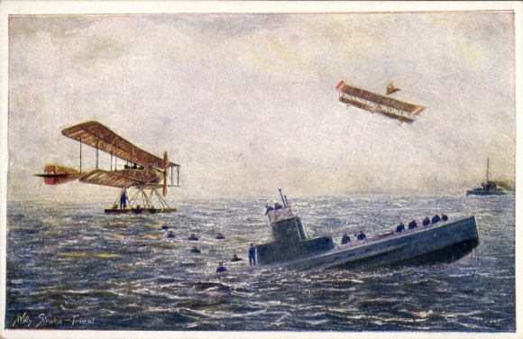 Artist Postcard Straka, Willy, Austro-Hungarian kuk seaplanes, French submarine Foucault